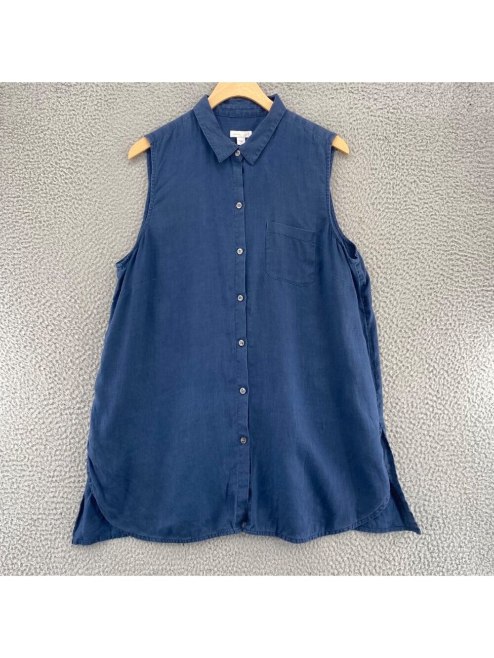 J Jill Shirt Womens Large Love Linen Navy Sleeveless Tunic Collared Button Up